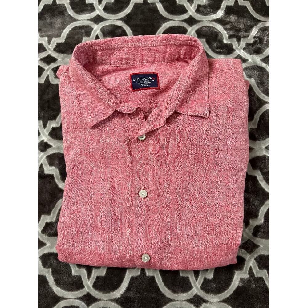 UNTUCKit 100% Linen Button Up Mens Medium M Red White Summer Beachy Chill Vibes